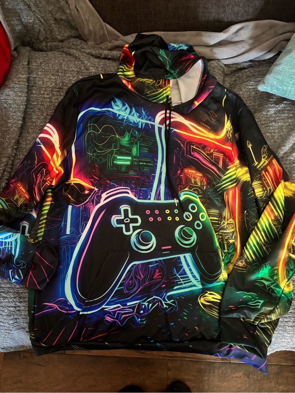 Neon Gamer Hoodie with Controller Graphic - Black Multicolor